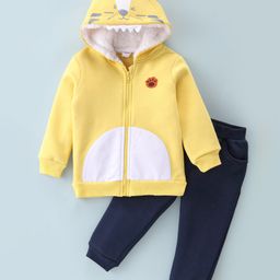 Kookie Kids Full Sleeves Winterwear Hooded Sweatshirt & Lounge Pant Set with Graphics Detailing - Yellow & Navy-picture-10