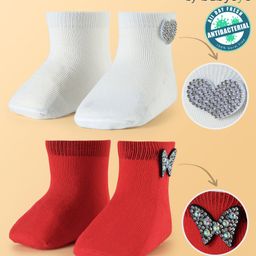 Babyoye Eco Conscious Bamboo & Spandex Knit Socks Pack of Two with Butterfly & Heart Applique -Cream & Red-picture-10