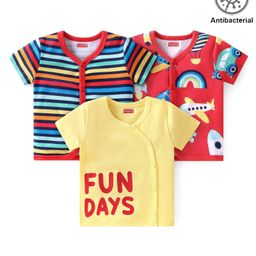 Babyhug 100% Cotton Antibacterial Half Sleeves Front Open Vest Stripes & Aeroplane Dot Pack of 3 - Yellow Red & Blue-image-61