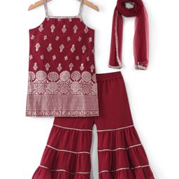 Babyhug Woven Sleeveless Georgette Brocade Kurti Sharara and Dupatta Set - Red-image-12