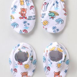 Babyhug 100% Cotton Mittens & Booties Beach Print - White-image-78