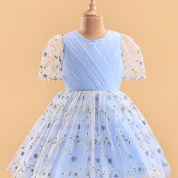 Pine Kids Woven Puffed Sleeves Party Dress with Floral Embroidery - Light Blue-image-25