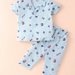 Teddy Sinker Knit Half Sleeves Night Suit With Anchor Print -Blue-image-21