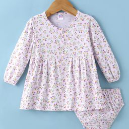 Ben Benny 100% Cotton Interlock Knit Full Sleeves Front Open Frock with Bloomer Floral Print - White-picture-6