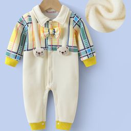 Kookie Kids Full Sleeves Checks with Bow & Bear Applique Romper - Yellow & Cream-image-10