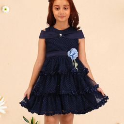 Cutecumber Cold Shoulder Shimmer & Floral Applique Detail Layered Dress - Navy Blue-image-63