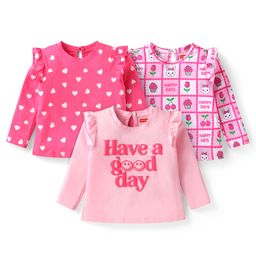 Babyhug Cotton Knit Full Sleeves Hearts & Text Graphics Top with Frill Detailing Pack of 3 -Dark Pink-picture-46