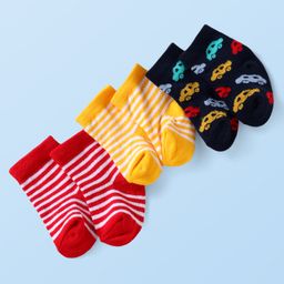 Cute Walk by Babyhug Knit Ankle Length Anti Bacterial Socks with Stripes & Car Design Pack of 3 - Red Yellow & Black-image-103