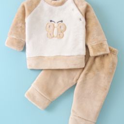 Mom's pet Fur Full Sleeves Butterfly Embroidered Sweatshirt With Joggers Set - Brown-image-93