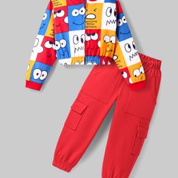 Ollington St. 100% Cotton Knit Full Sleeves Text Printed Top & Cargo Joggers Set - Red & Yellow-13