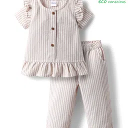 Babyoye Cotton Woven Half Sleeves Co-Ord Top & Trouser Set With Stripes & Frill Detailing - Beige-picture-12