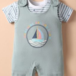 ToffyHouse Cotton Knit Half Sleeves Striped T-Shirt & Dungaree Style Romper with Ship Print - Light Grey-picture-7
