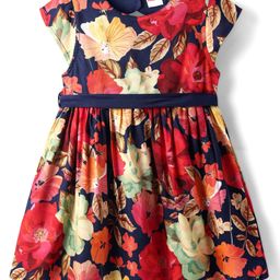 Babyhug Cotton Woven Half Sleeves Frock with Floral Print & Fabric Belt - Navy Blue-image-11