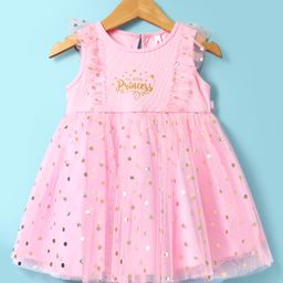 Babyhug Knit Sleeveless Party Dress With Foil Print - Pink-image-40