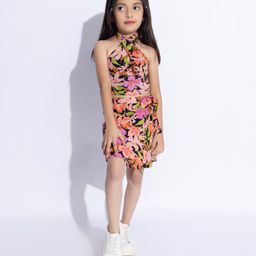 Taffykids 100% Cotton Sleeveless Floral Printed Crop Top With Coordinating Wrap Skirt - Black & Multi Colour-image-2