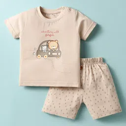 Mini Taurus Sinker Knit Half Sleeves Shorts Night Suit with Bear Print - Beige-picture-34