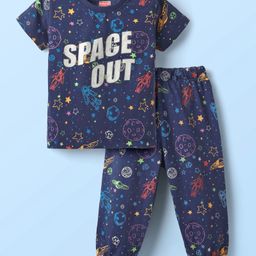 Babyhug Cotton Knit Half Sleeves Night Suit With Space Theme Print - Navy Blue-image-96