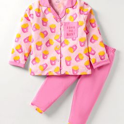 CUCUMBER Sinker Knit Full Sleeves Front Open Night Suit With Fries Print - Pink-image-30