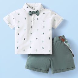 ToffyHouse Knitted Half Sleeves T-Shirt Shorts with Bow & Suspender with Cactus Print - Mint & White-image-21