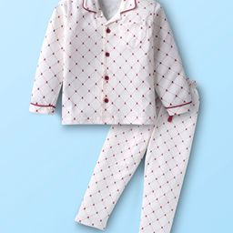 Doreme Single Jersey Knit Full Sleeves Co-ords Front Open Night Suit With Checks - White & Red-image-62