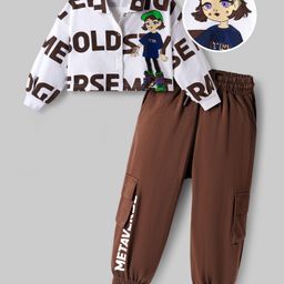OLLINGTON ST. Cotton Knit Full Sleeves Front Open Winter Wear Sweatshirts & Knit Joggers Sets with Text Print - White & Brown-picture-34