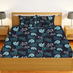 IVAZA Navy Blue Floral 300 TC Queen Bedsheet with 2 Pillow Covers-image-96