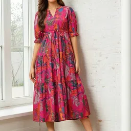 STARWORD Women Floral Printed Mandarin Collar Tiered Fit and Flare Dress-picture-16