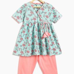 Campana Girls Floral Printed Angrakha Pure Cotton Kurti with Trousers-image-98