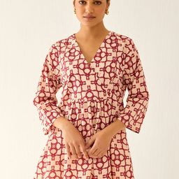 Ancestry Geometric Printed V-Neck Pure Cotton Pleated Kurti-6