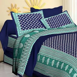 Aura Blue & Green Ethnic Motifs 144 TC Queen Bedsheet with 2 Pillow Covers-image-78