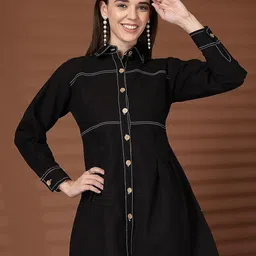 plusS Women Shirt Collar Cotton Shirt Dress-image-40