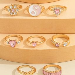 DressBerry Set of 8 Gold Plated Artificial Stone Studded Stainless Steel Finger Rings-image-21