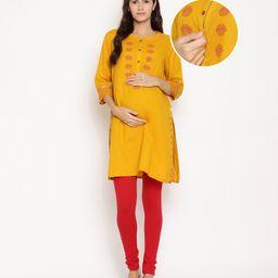 Kriti Three Fourth Sleeves Maternity Kurta Lotus Print - Yellow-image-90