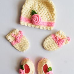 Woonie Handmade Floral Cap With Booties & Mittens - Cream-9