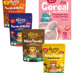 Slurrp Farm Blueberry, Classic, Banana & Chocolate Pancake Mix Combo & Strawberry, Ragi Milk Cereal-24