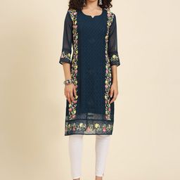HERE&NOW Women Floral Embroidered Thread Work Georgette Kurta-image-86