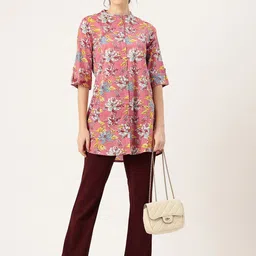 FERANOID Floral Print Pure Cotton Shirt Style Longline Top-image-54