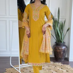 HERE&NOW Women Chanderi Silk Embroidered Kurta Sets With Dupatta-picture-21