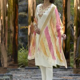 SHREE LAXMINARAYAN EXPORT Floral Embroidered Sequinned Liva Kurta With Trousers & Dupatta-picture-4
