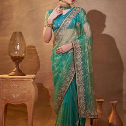 Mitera Ethnic Motifs Embroidered Tissue Saree With Unstitched Blouse Piece-image-22