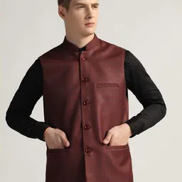 TAHVO Checked Woven Design Mandarin Collar Tweed Casual Nehru Jacket-picture-19