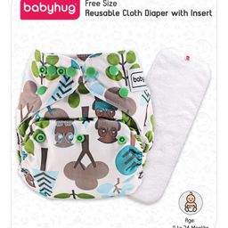 Babyhug Free Size Reusable Cloth Diaper With Insert Tree & Owl Print - White Green image 2