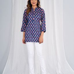 KALINI Geometric Print Mandarin Collar Cotton Shirt Style Longline Top-picture-48