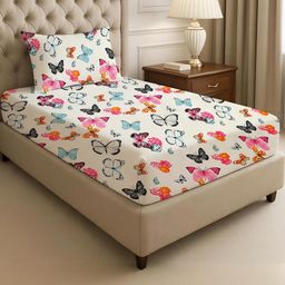 IVAZA White Floral 210 TC Single Bedsheet with 1 Pillow Cover-image-99