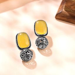 Yellow Chimes Silver Plated Artificial Stones Oxidised Drop Earrings-13