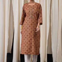 Anouk Geometric Printed Mirror Work Chanderi Silk Kurta-24