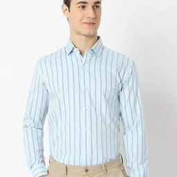 MARK & ALBERT Men Classic Slim Fit Spread Collar Vertical Striped Cotton Formal Shirt-image-97