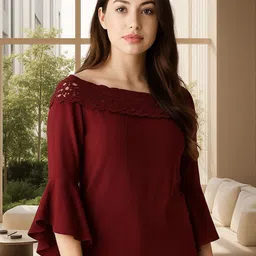 Style Quotient Women Boat Neck Lace Inserts Bell Sleeve Top-image-49