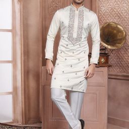 EVASTRO Floral Embroidered Mandarin Collar Pure Cotton Straight Kurta With Pyjama-image-76