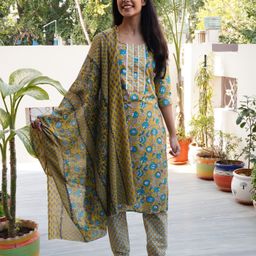 PRETTY PALLU Women Floral Printed Regular Pure Cotton Kurta with Trousers & With Dupatta-picture-51